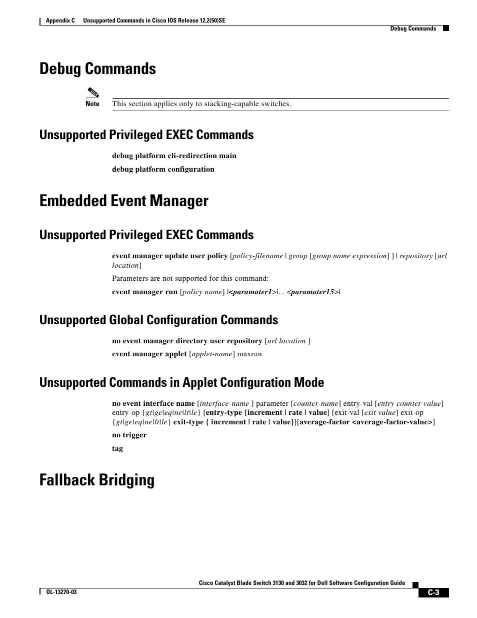 Debug commands, Unsupported privileged exec commands, Embedded event manager | Unsupported global configuration commands, Unsupported commands in applet configuration mode, Fallback bridging | Dell POWEREDGE M1000E User Manual | Page 1249 / 1316