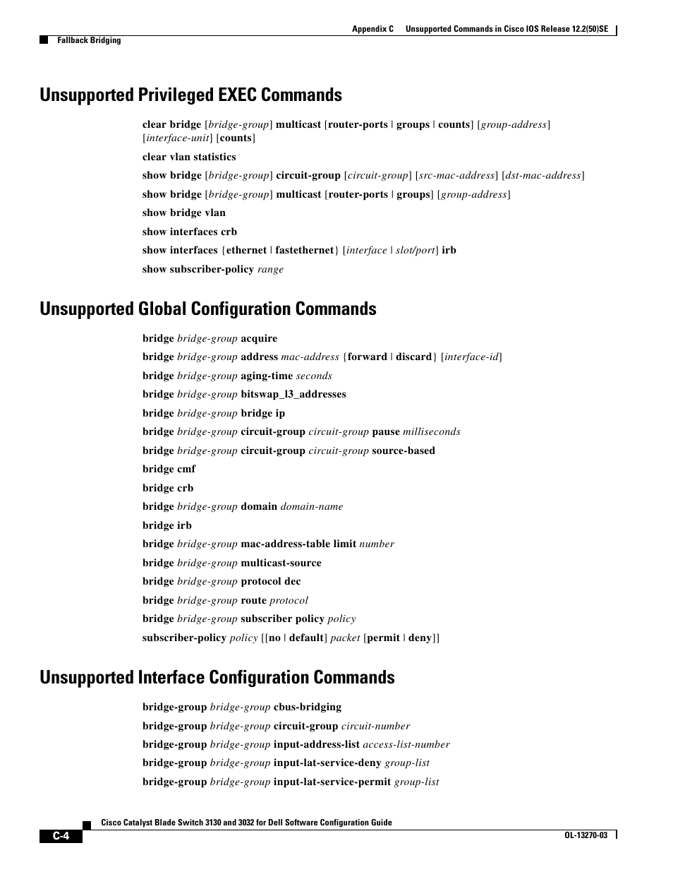 Unsupported privileged exec commands, Unsupported global configuration commands, Unsupported interface configuration commands | Dell POWEREDGE M1000E User Manual | Page 1250 / 1316