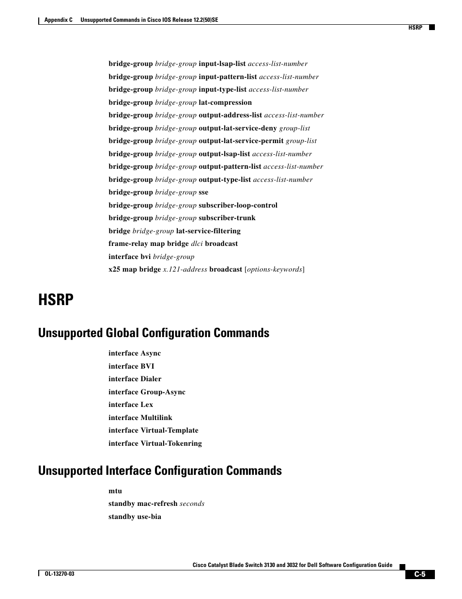 Hsrp, Unsupported global configuration commands, Unsupported interface configuration commands | Dell POWEREDGE M1000E User Manual | Page 1251 / 1316