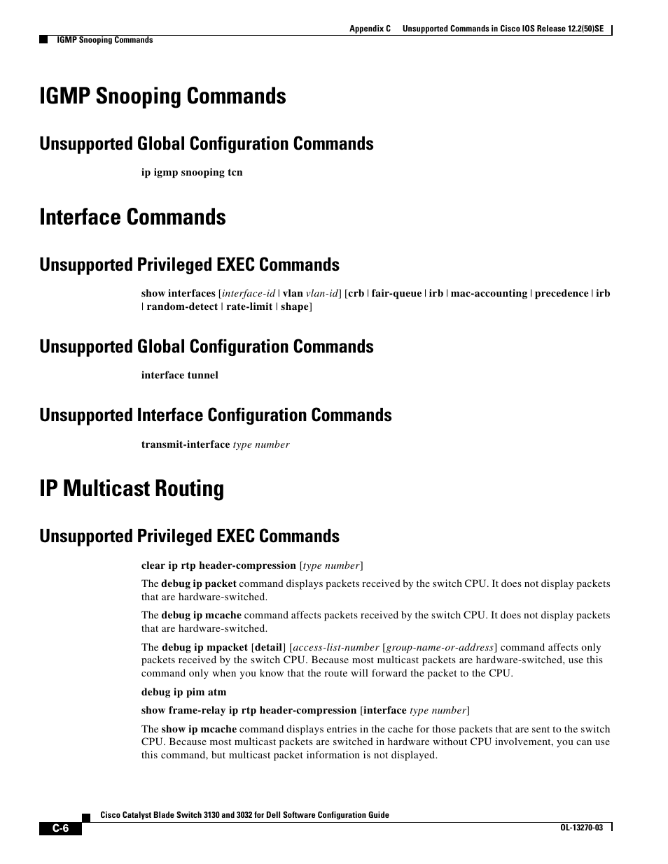 Igmp snooping commands, Unsupported global configuration commands, Interface commands | Unsupported privileged exec commands, Unsupported interface configuration commands, Ip multicast routing | Dell POWEREDGE M1000E User Manual | Page 1252 / 1316