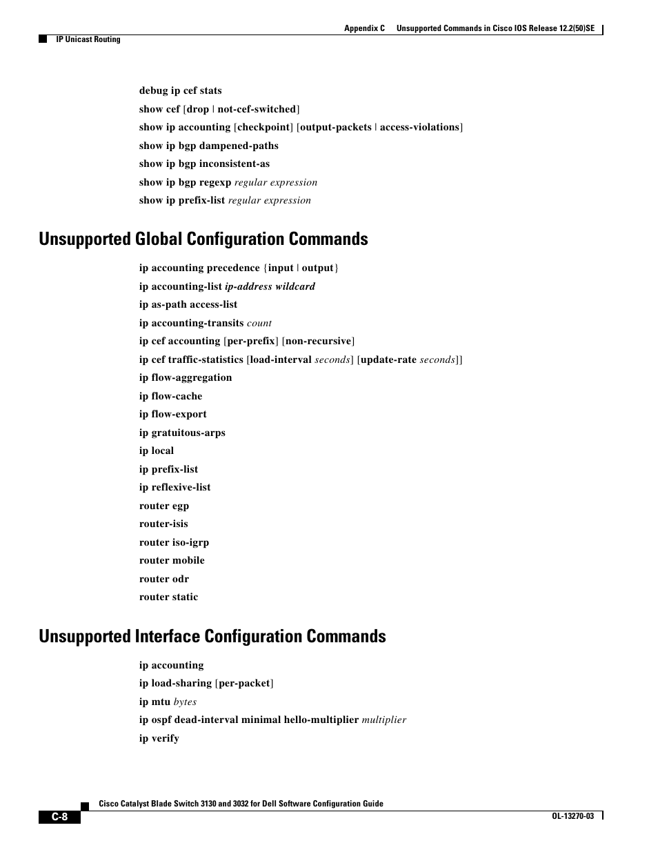 Unsupported global configuration commands, Unsupported interface configuration commands | Dell POWEREDGE M1000E User Manual | Page 1254 / 1316