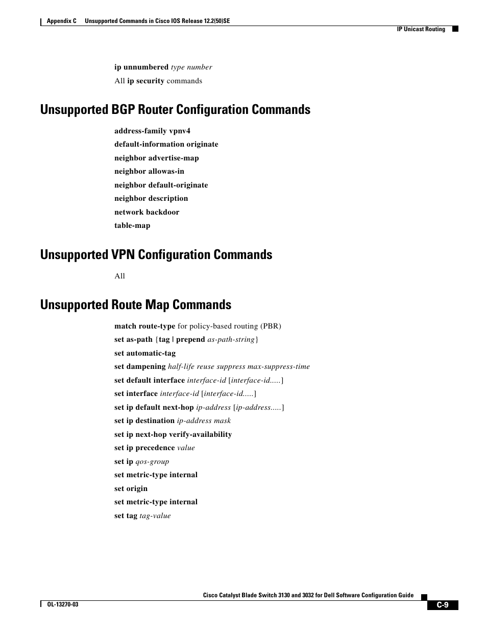 Unsupported bgp router configuration commands, Unsupported vpn configuration commands, Unsupported route map commands | Dell POWEREDGE M1000E User Manual | Page 1255 / 1316