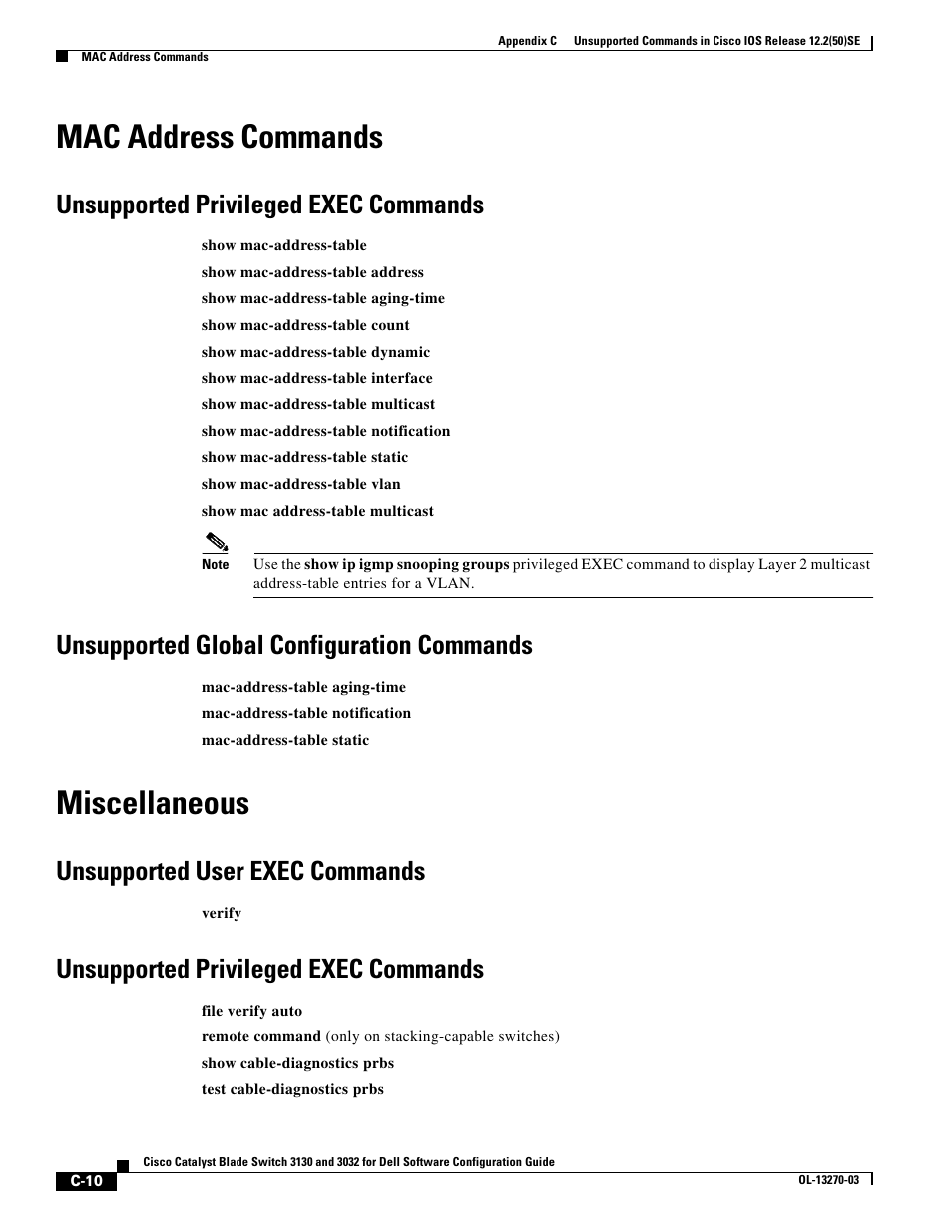 Mac address commands, Unsupported privileged exec commands, Unsupported global configuration commands | Miscellaneous, Unsupported user exec commands | Dell POWEREDGE M1000E User Manual | Page 1256 / 1316