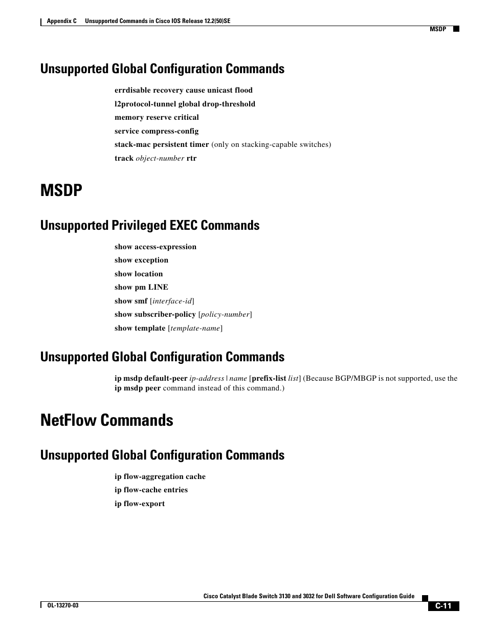 Unsupported global configuration commands, Msdp, Unsupported privileged exec commands | Netflow commands | Dell POWEREDGE M1000E User Manual | Page 1257 / 1316