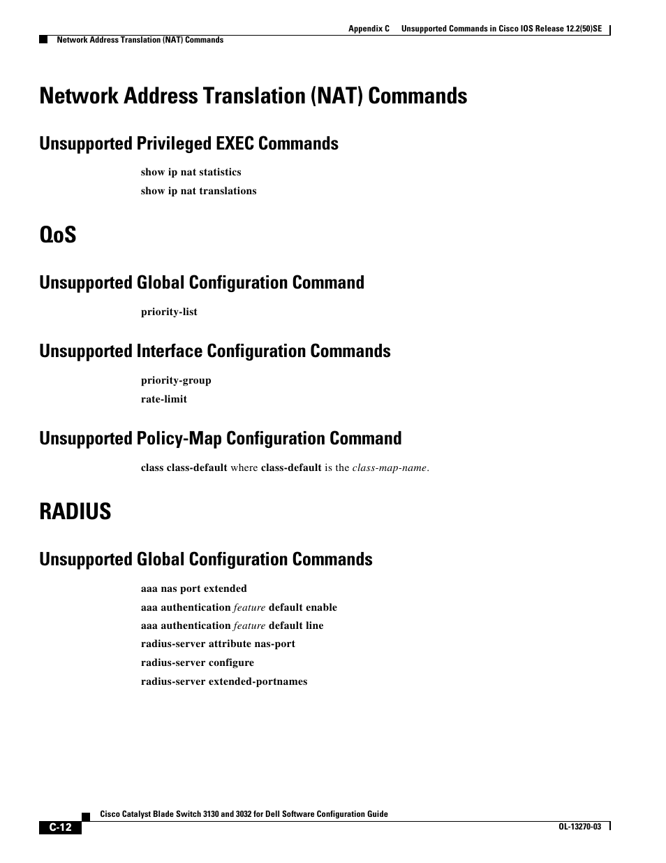 Network address translation (nat) commands, Unsupported privileged exec commands, Unsupported global configuration command | Unsupported interface configuration commands, Unsupported policy-map configuration command, Radius, Unsupported global configuration commands | Dell POWEREDGE M1000E User Manual | Page 1258 / 1316