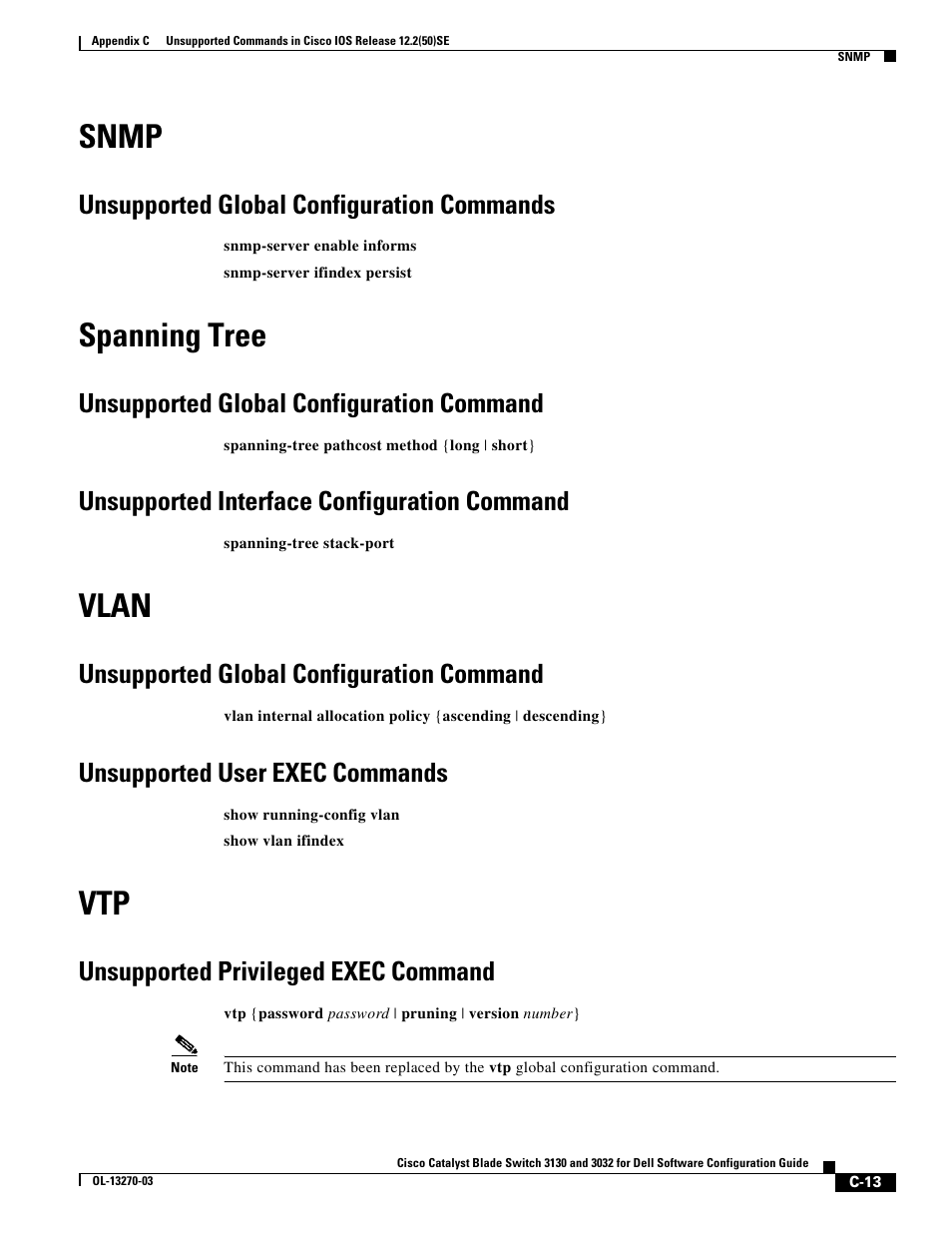 Snmp, Unsupported global configuration commands, Spanning tree | Unsupported global configuration command, Unsupported interface configuration command, Vlan, Unsupported user exec commands, Unsupported privileged exec command | Dell POWEREDGE M1000E User Manual | Page 1259 / 1316