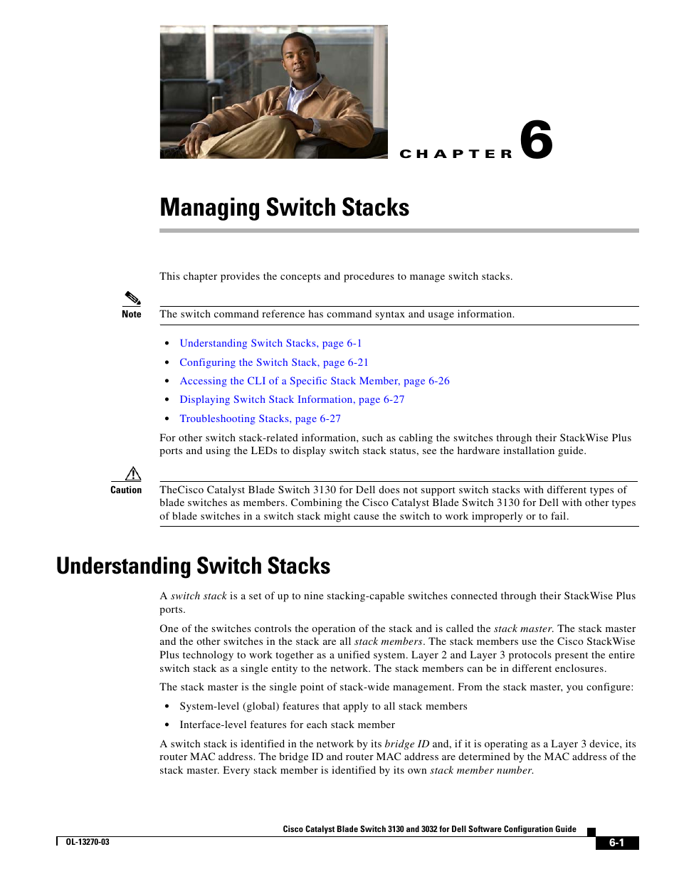 Managing switch stacks, Understanding switch stacks, C h a p t e r | Chapter 6, “managing switch, Stacks | Dell POWEREDGE M1000E User Manual | Page 143 / 1316