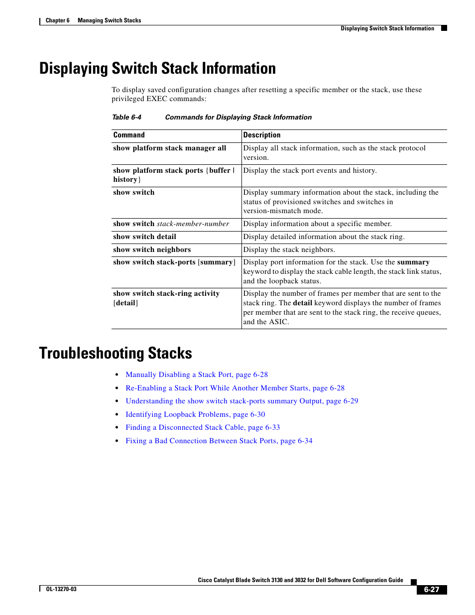 Displaying switch stack information, Troubleshooting stacks | Dell POWEREDGE M1000E User Manual | Page 169 / 1316