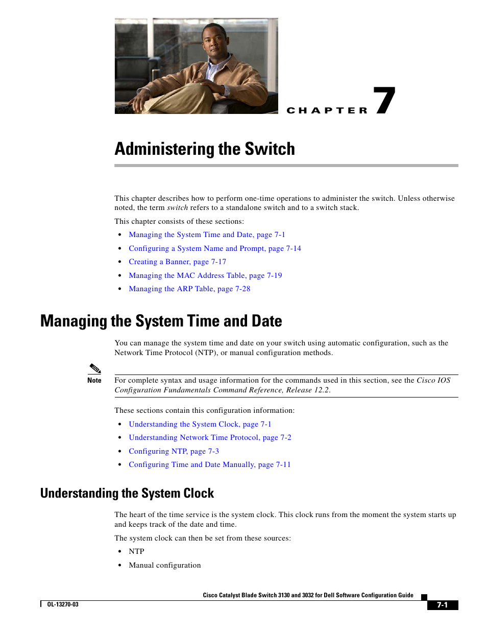 Administering the switch, Managing the system time and date, Understanding the system clock | C h a p t e r, Chapter 7, “administering the switch, Chapter 7, “administering the, Switch | Dell POWEREDGE M1000E User Manual | Page 177 / 1316