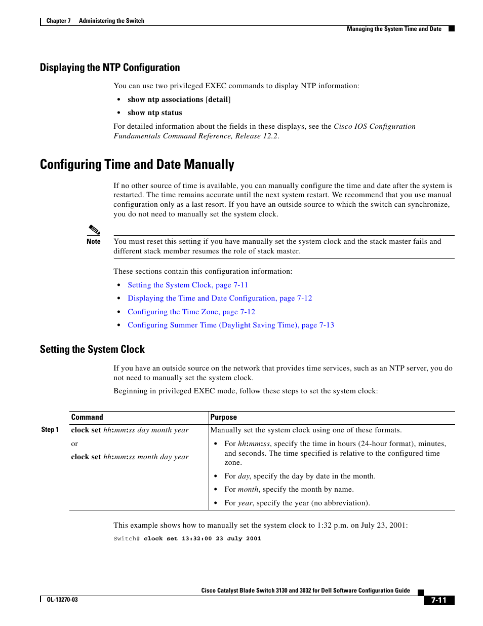 Displaying the ntp configuration, Configuring time and date manually, Setting the system clock | Dell POWEREDGE M1000E User Manual | Page 187 / 1316