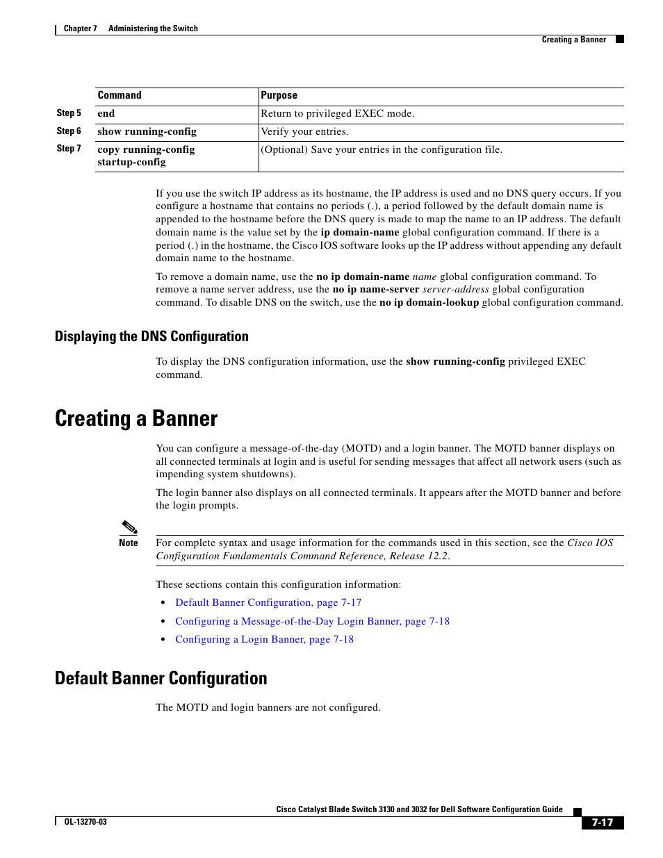 Displaying the dns configuration, Creating a banner, Default banner configuration | Dell POWEREDGE M1000E User Manual | Page 193 / 1316