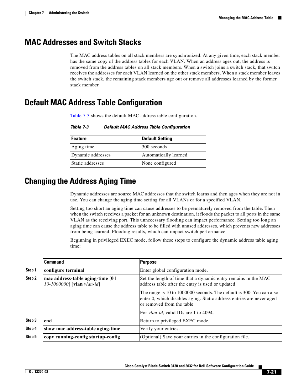 Mac addresses and switch stacks, Default mac address table configuration, Changing the address aging time | Dell POWEREDGE M1000E User Manual | Page 197 / 1316