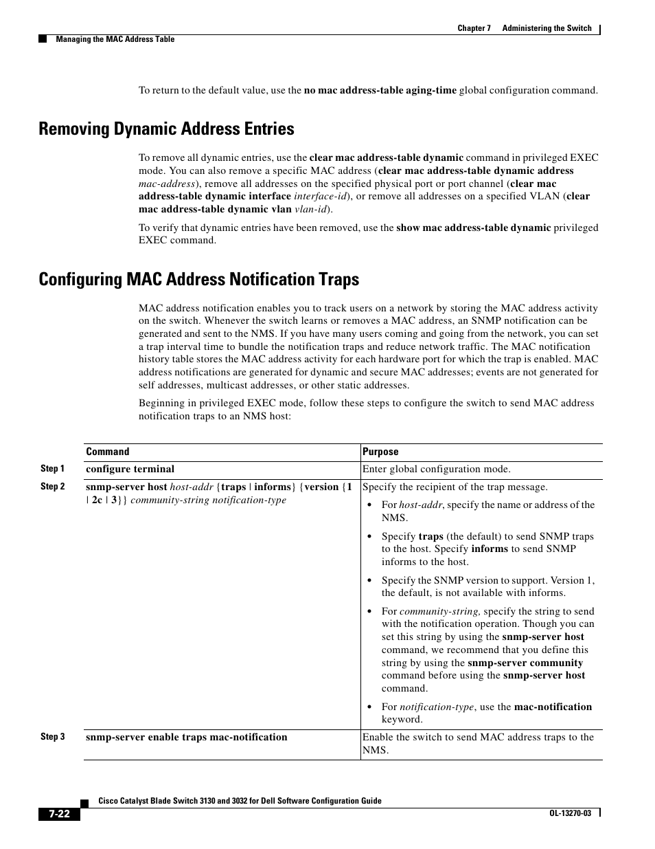 Removing dynamic address entries, Configuring mac address notification traps | Dell POWEREDGE M1000E User Manual | Page 198 / 1316