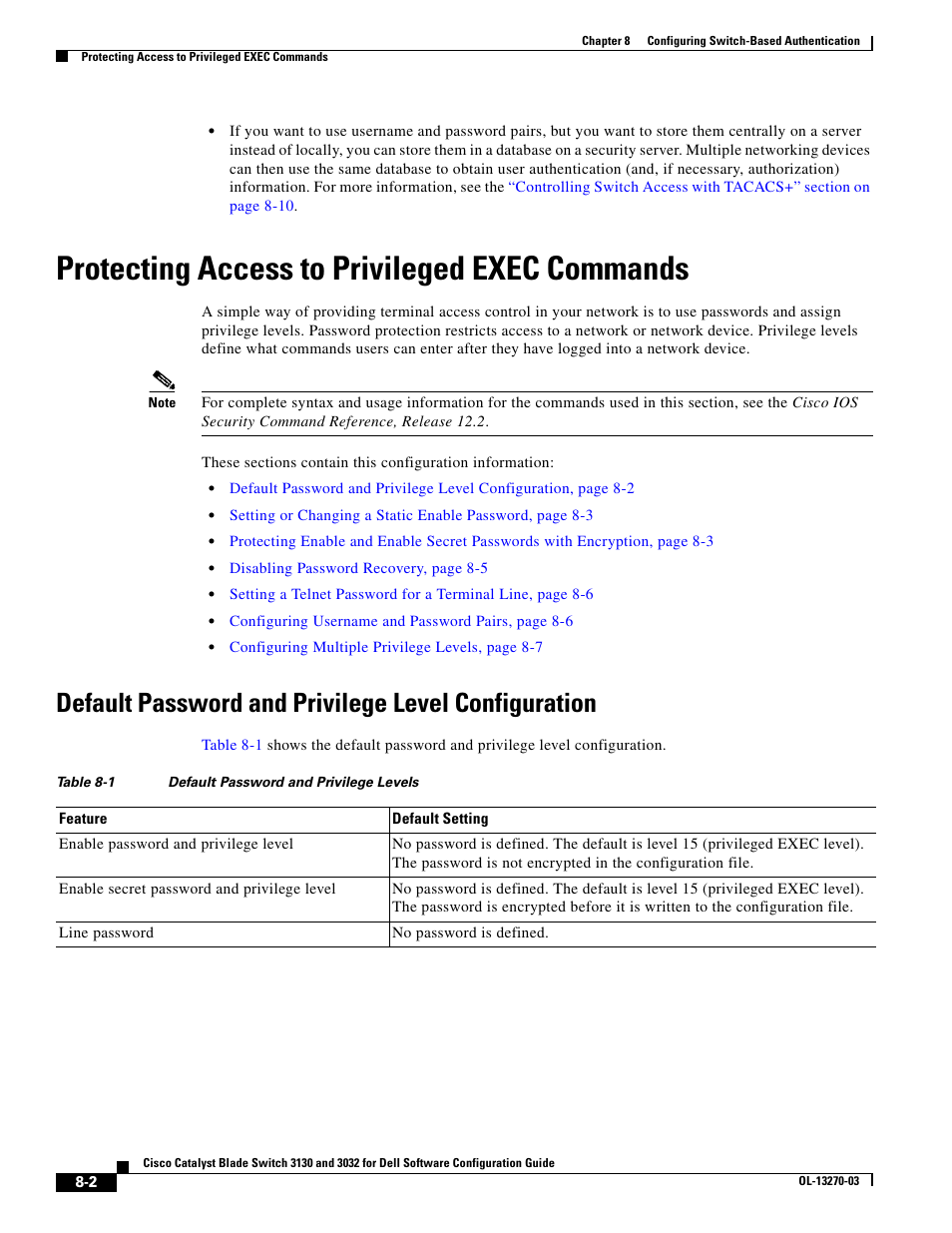 Protecting access to privileged exec commands, Default password and privilege level configuration | Dell POWEREDGE M1000E User Manual | Page 206 / 1316