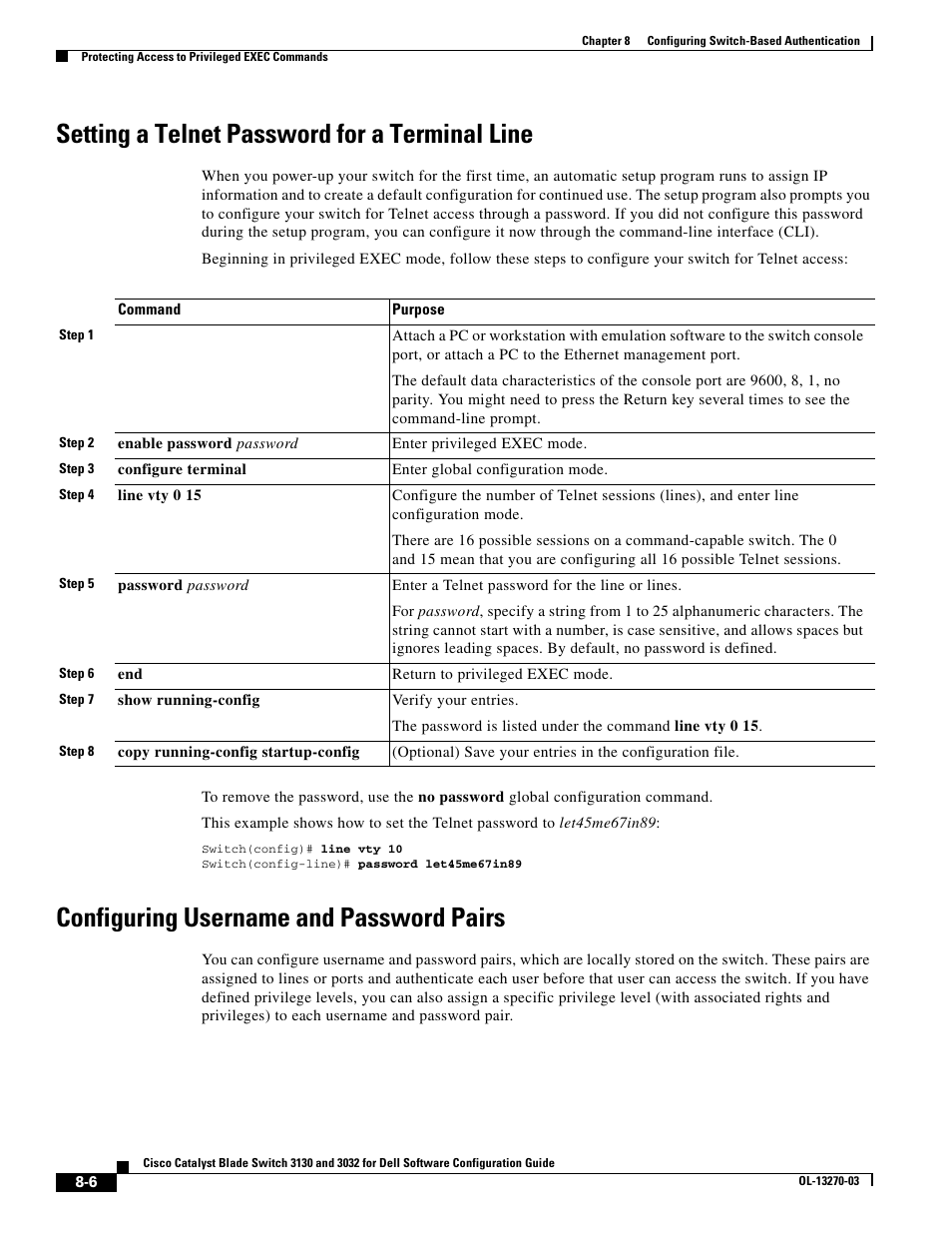 Setting a telnet password for a terminal line, Configuring username and password pairs, Setting a telnet password | Dell POWEREDGE M1000E User Manual | Page 210 / 1316