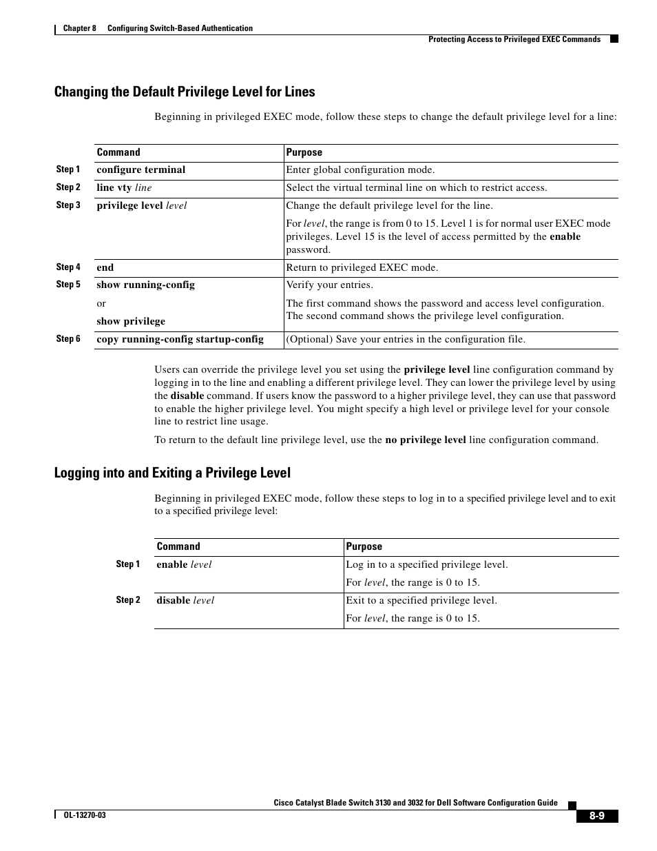 Changing the default privilege level for lines, Logging into and exiting a privilege level | Dell POWEREDGE M1000E User Manual | Page 213 / 1316