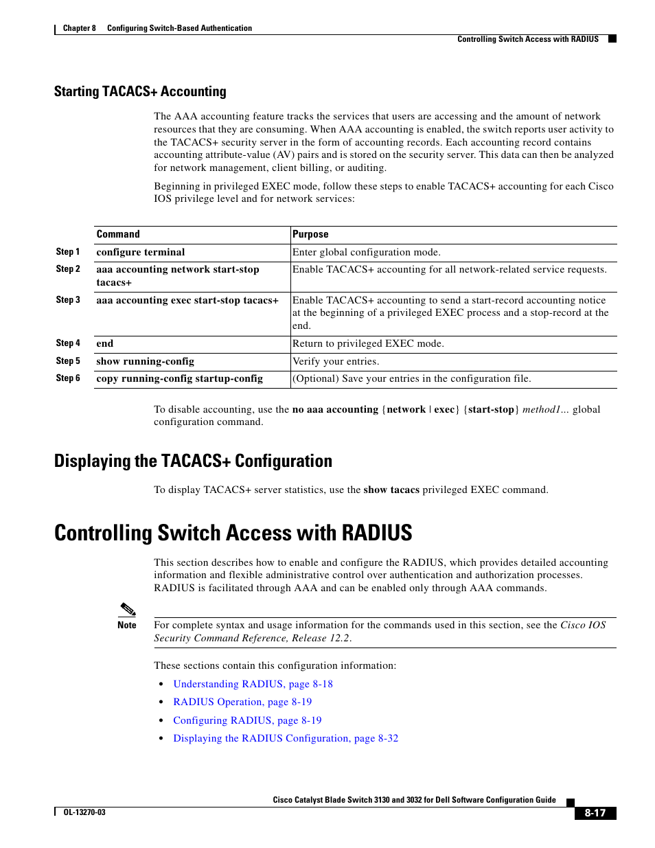 Starting tacacs+ accounting, Displaying the tacacs+ configuration, Controlling switch access with radius | Dell POWEREDGE M1000E User Manual | Page 221 / 1316