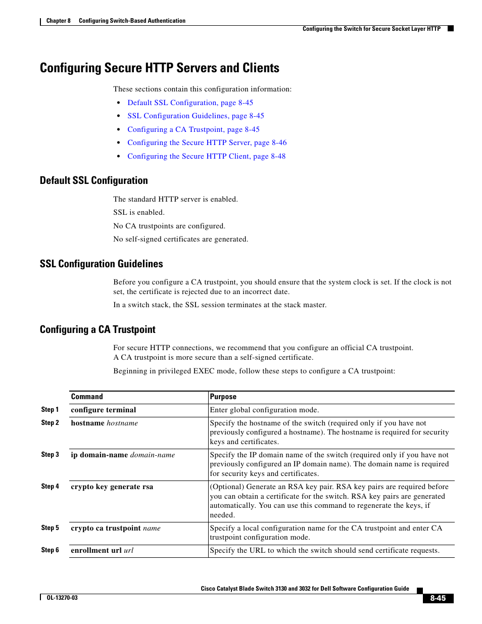 Configuring secure http servers and clients, Default ssl configuration, Ssl configuration guidelines | Configuring a ca trustpoint | Dell POWEREDGE M1000E User Manual | Page 249 / 1316