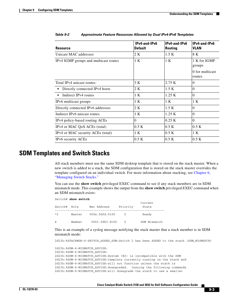 Sdm templates and switch stacks, Table 9-2 | Dell POWEREDGE M1000E User Manual | Page 257 / 1316