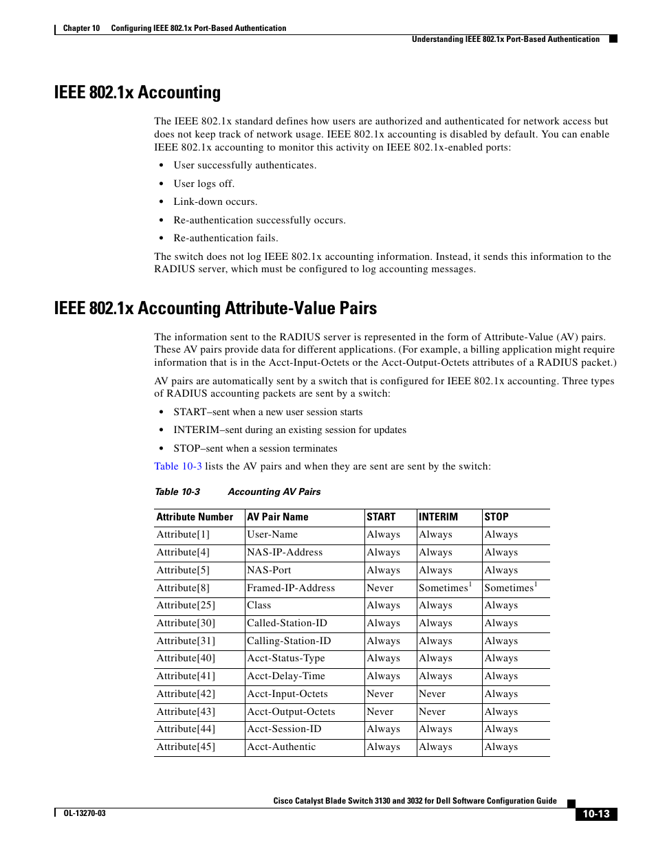 Ieee 802.1x accounting, Ieee 802.1x accounting attribute-value pairs | Dell POWEREDGE M1000E User Manual | Page 275 / 1316