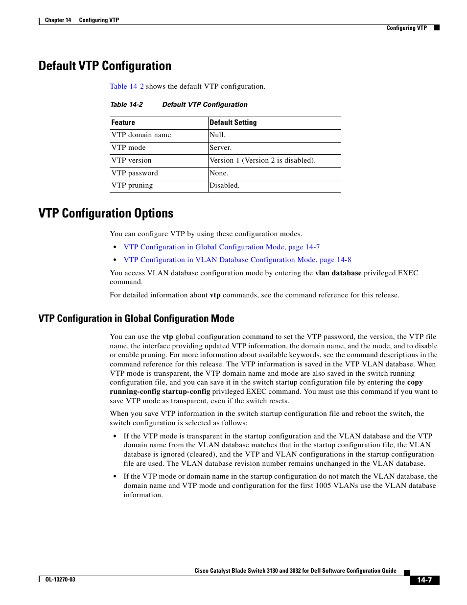 Default vtp configuration, Vtp configuration options, Vtp configuration in global configuration mode | Dell POWEREDGE M1000E User Manual | Page 407 / 1316