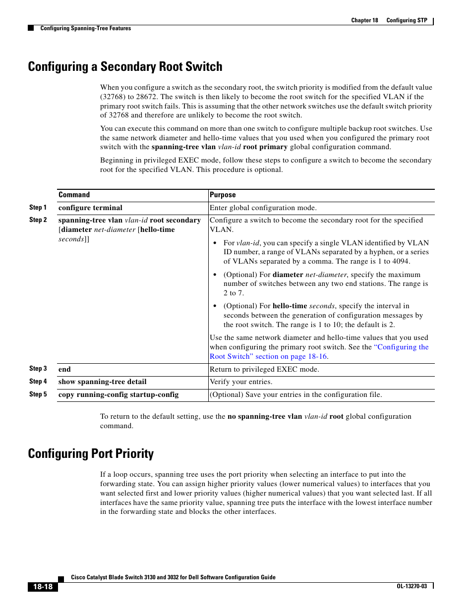 Configuring a secondary root switch, Configuring port priority | Dell POWEREDGE M1000E User Manual | Page 476 / 1316