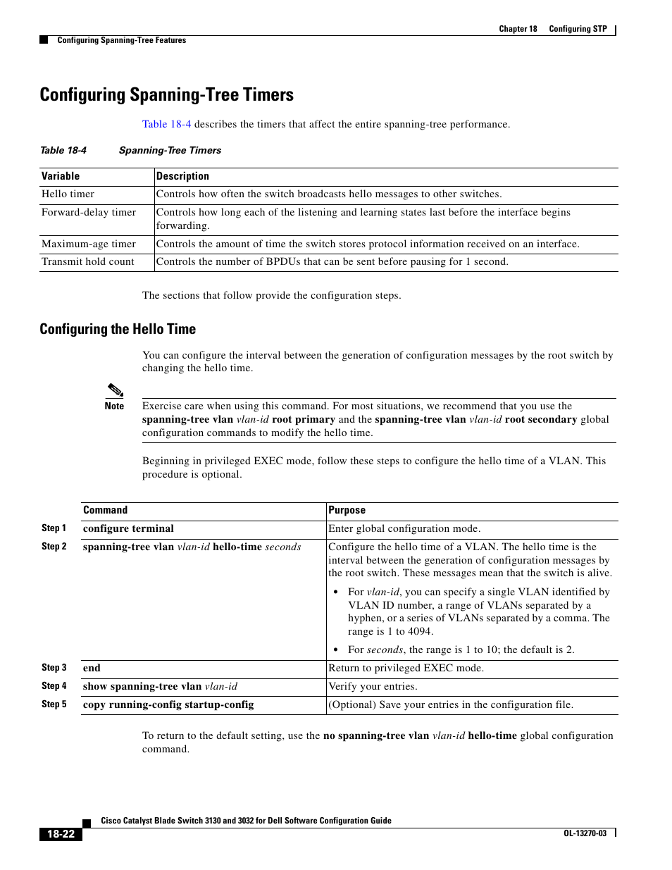 Configuring spanning-tree timers, Configuring the hello time | Dell POWEREDGE M1000E User Manual | Page 480 / 1316