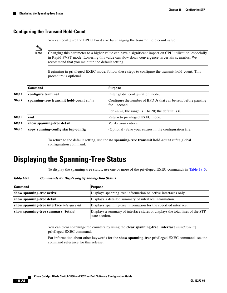 Configuring the transmit hold-count, Displaying the spanning-tree status | Dell POWEREDGE M1000E User Manual | Page 482 / 1316