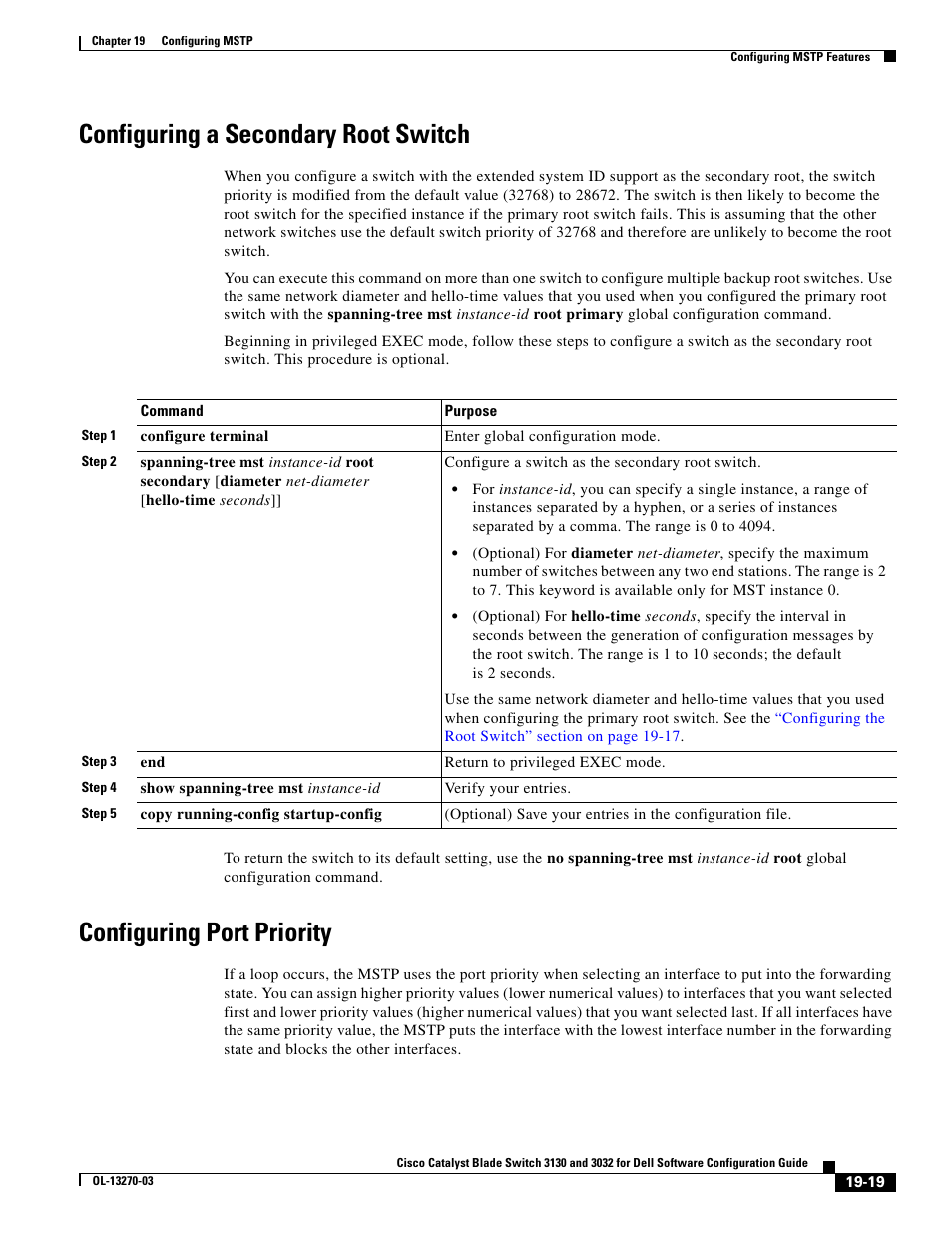 Configuring a secondary root switch, Configuring port priority | Dell POWEREDGE M1000E User Manual | Page 501 / 1316