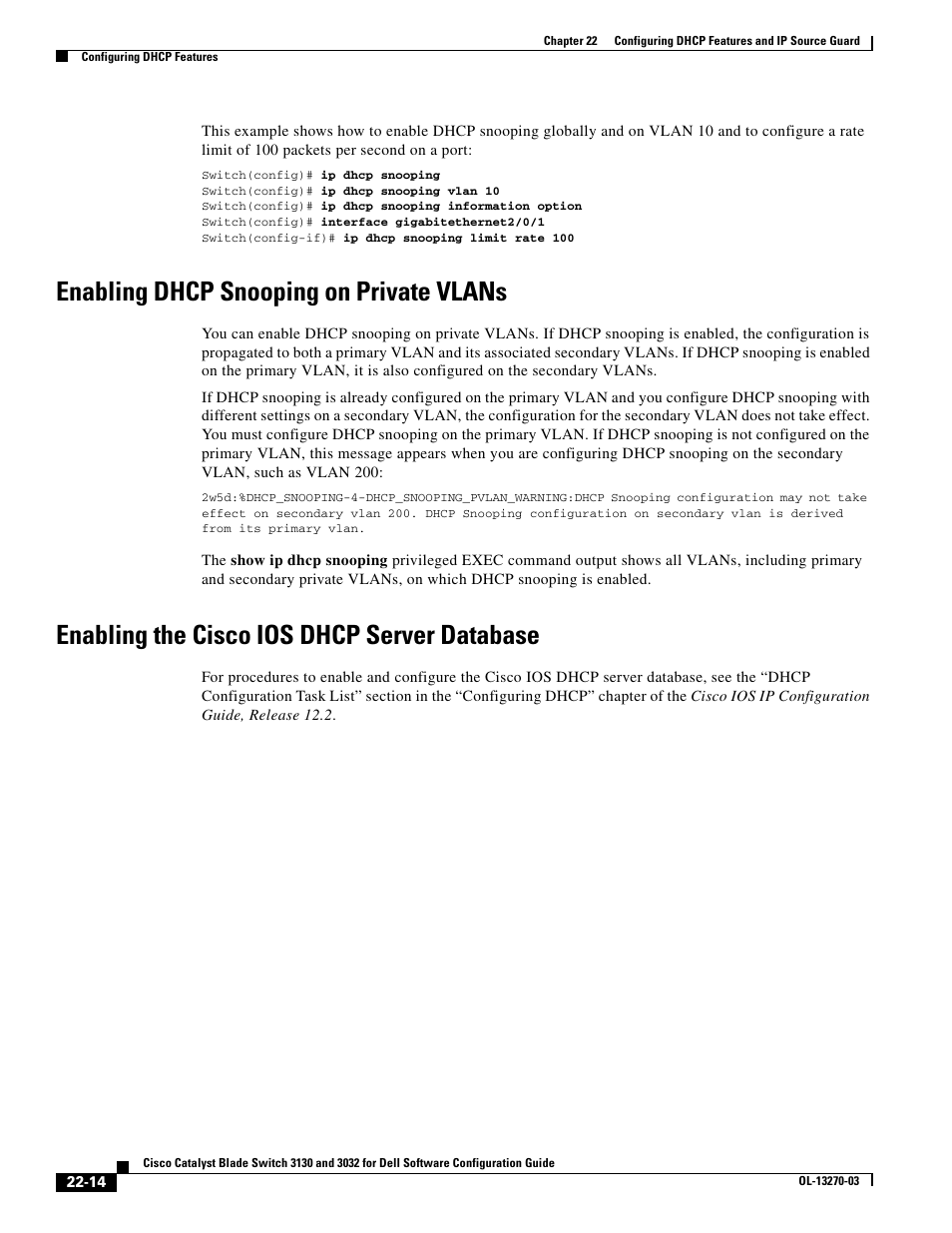 Enabling dhcp snooping on private vlans, Enabling the cisco ios dhcp server database | Dell POWEREDGE M1000E User Manual | Page 556 / 1316