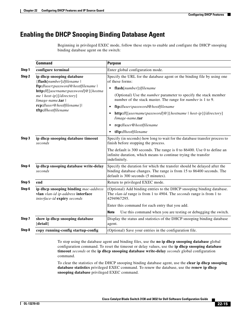 Enabling the dhcp snooping binding database agent | Dell POWEREDGE M1000E User Manual | Page 557 / 1316