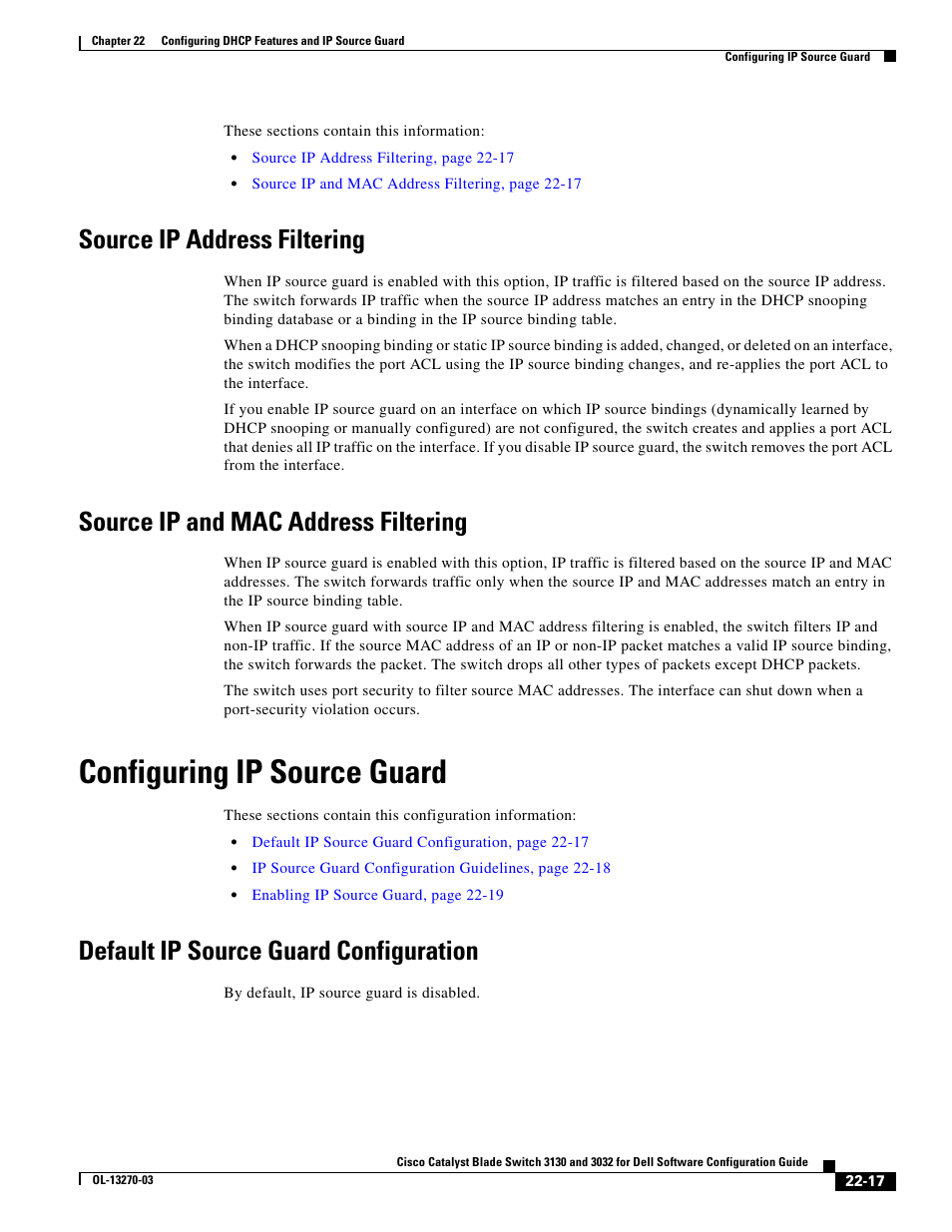 Source ip address filtering, Source ip and mac address filtering, Configuring ip source guard | Default ip source guard configuration | Dell POWEREDGE M1000E User Manual | Page 559 / 1316