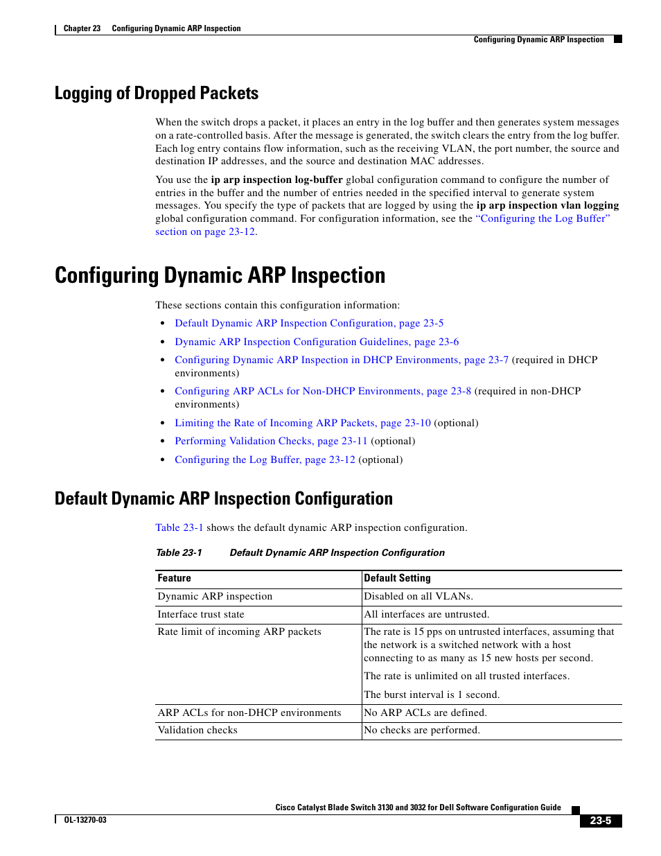 Logging of dropped packets, Configuring dynamic arp inspection, Default dynamic arp inspection configuration | Logging of dropped | Dell POWEREDGE M1000E User Manual | Page 571 / 1316