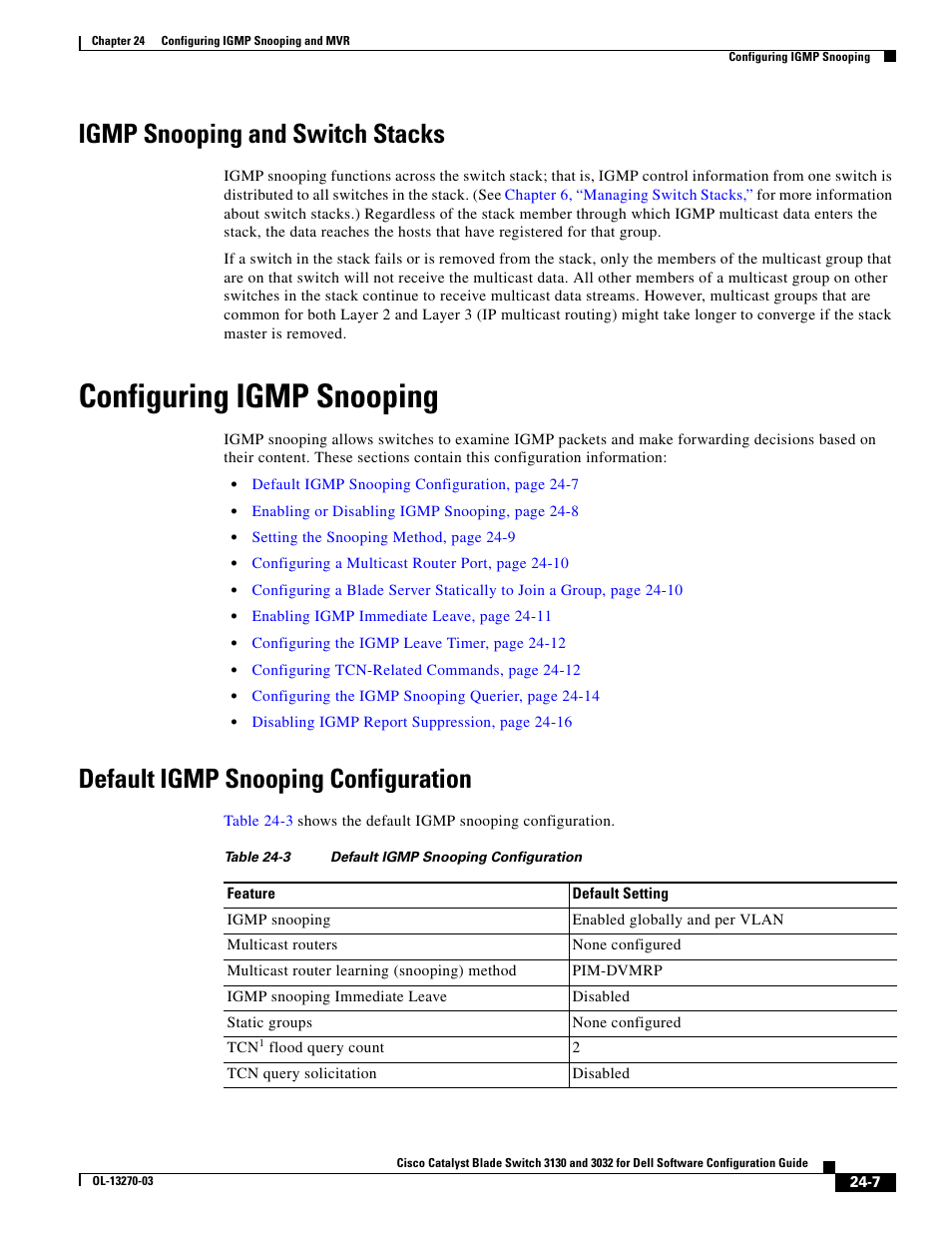 Igmp snooping and switch stacks, Configuring igmp snooping, Default igmp snooping configuration | Dell POWEREDGE M1000E User Manual | Page 589 / 1316