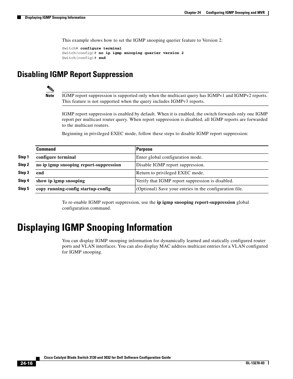 Disabling igmp report suppression, Displaying igmp snooping information | Dell POWEREDGE M1000E User Manual | Page 598 / 1316