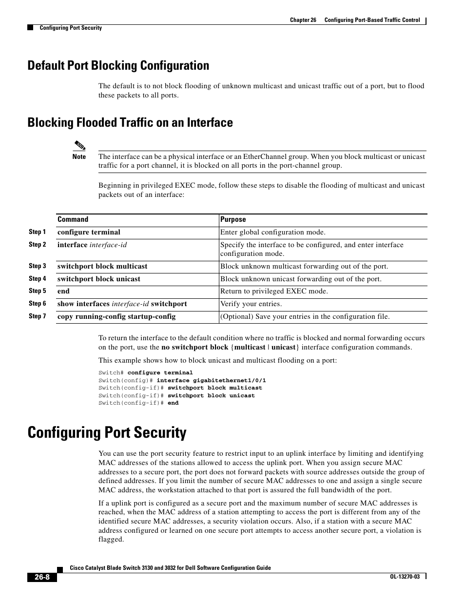 Default port blocking configuration, Blocking flooded traffic on an interface, Configuring port security | For mor | Dell POWEREDGE M1000E User Manual | Page 632 / 1316