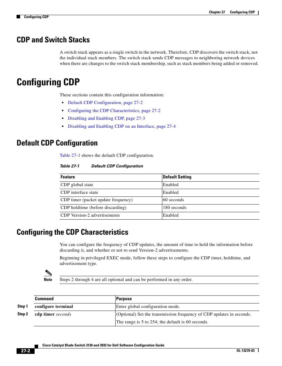 Cdp and switch stacks, Configuring cdp, Default cdp configuration | Configuring the cdp characteristics | Dell POWEREDGE M1000E User Manual | Page 646 / 1316