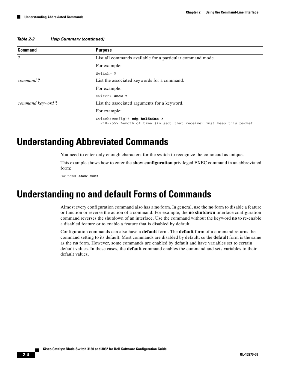 Understanding abbreviated commands, Understanding no and default forms of commands | Dell POWEREDGE M1000E User Manual | Page 76 / 1316