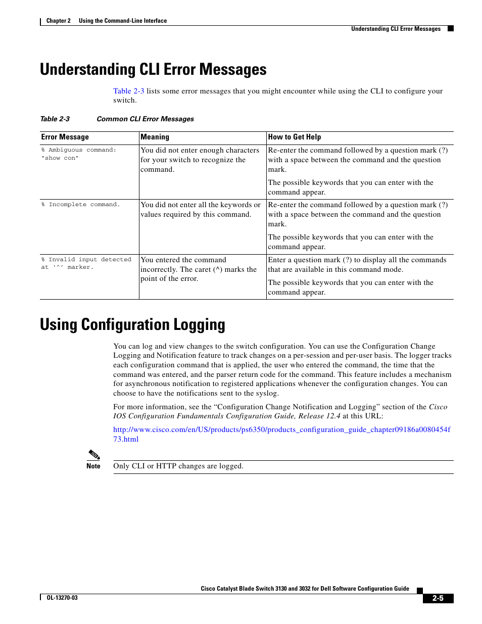 Understanding cli error messages, Using configuration logging | Dell POWEREDGE M1000E User Manual | Page 77 / 1316