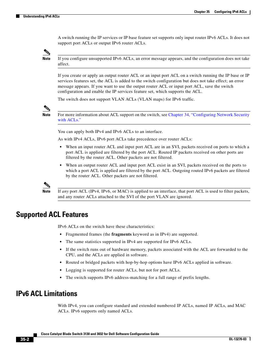 Supported acl features, Ipv6 acl limitations | Dell POWEREDGE M1000E User Manual | Page 780 / 1316