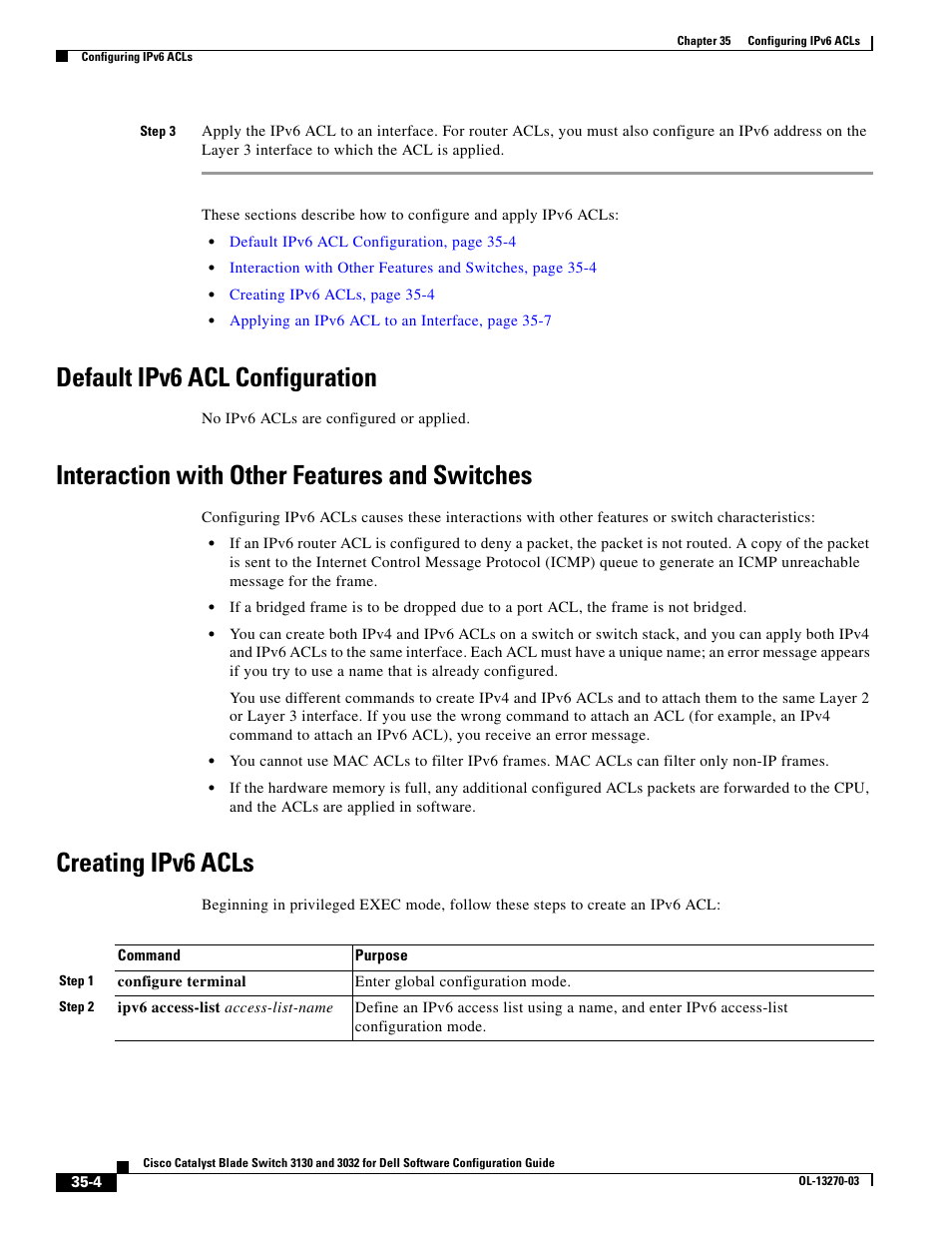 Default ipv6 acl configuration, Interaction with other features and switches, Creating ipv6 acls | Dell POWEREDGE M1000E User Manual | Page 782 / 1316