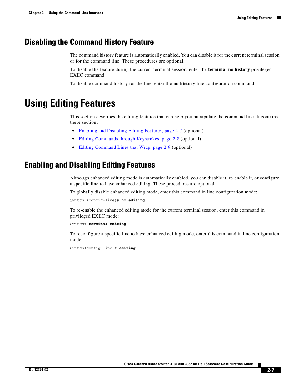 Disabling the command history feature, Using editing features, Enabling and disabling editing features | Dell POWEREDGE M1000E User Manual | Page 79 / 1316