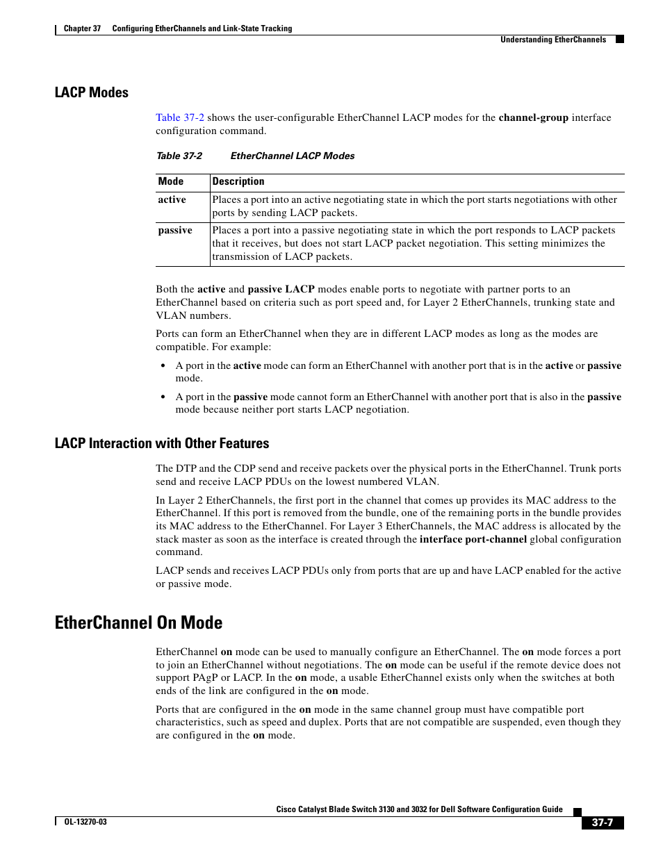 Lacp modes, Lacp interaction with other features, Etherchannel on mode | Dell POWEREDGE M1000E User Manual | Page 873 / 1316