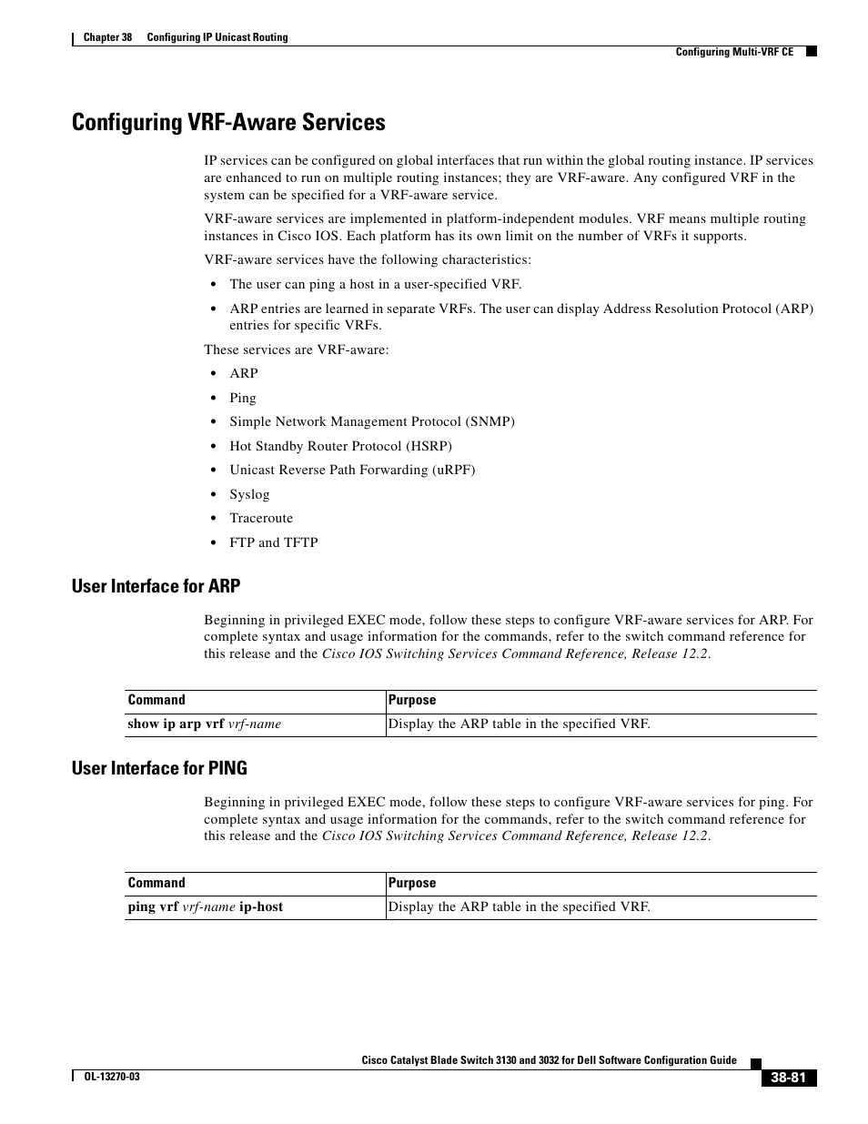 Configuring vrf-aware services, User interface for arp, User interface for ping | Dell POWEREDGE M1000E User Manual | Page 973 / 1316