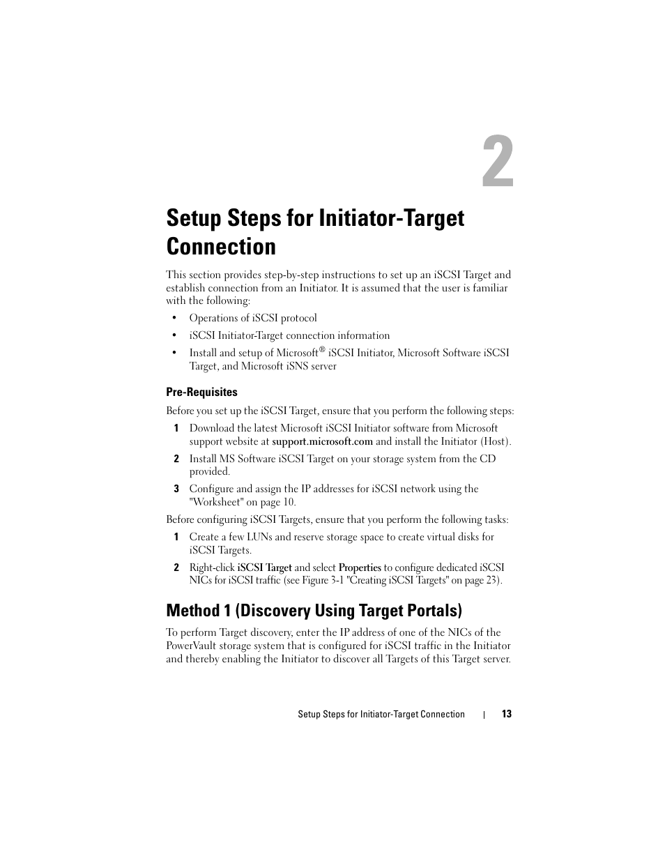 Setup steps for initiator-target connection, Pre-requisites, Method 1 (discovery using target portals) | Dell PowerVault 700N User Manual | Page 13 / 56