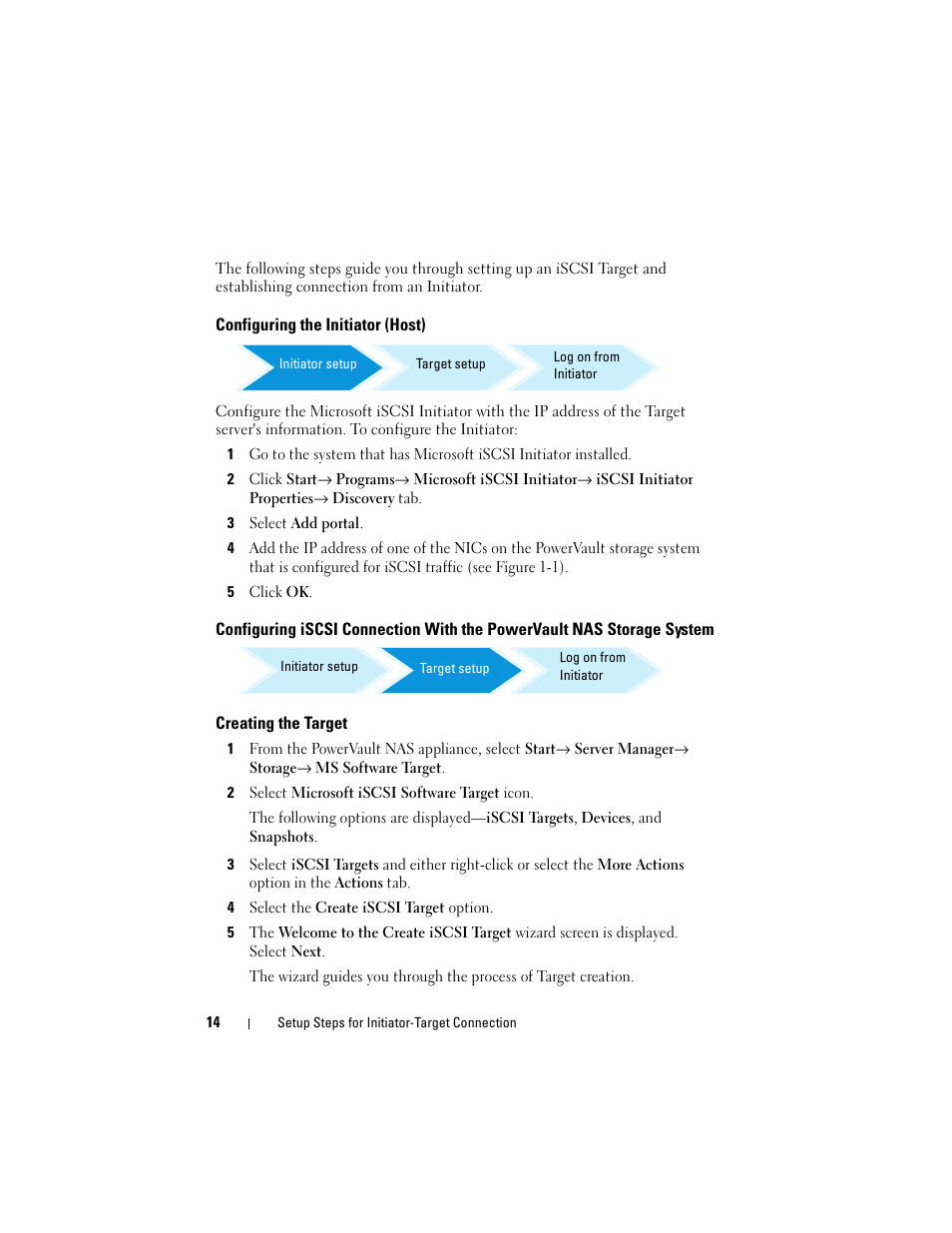 Configuring the initiator (host), Creating the target | Dell PowerVault 700N User Manual | Page 14 / 56