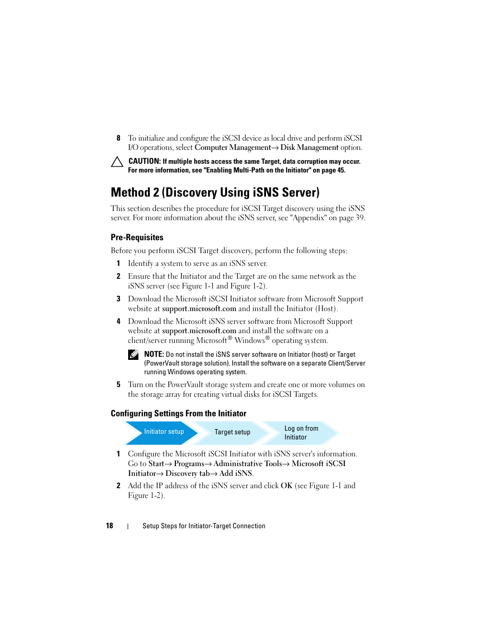 Method 2 (discovery using isns server), Pre-requisites, Configuring settings from the initiator | Dell PowerVault 700N User Manual | Page 18 / 56