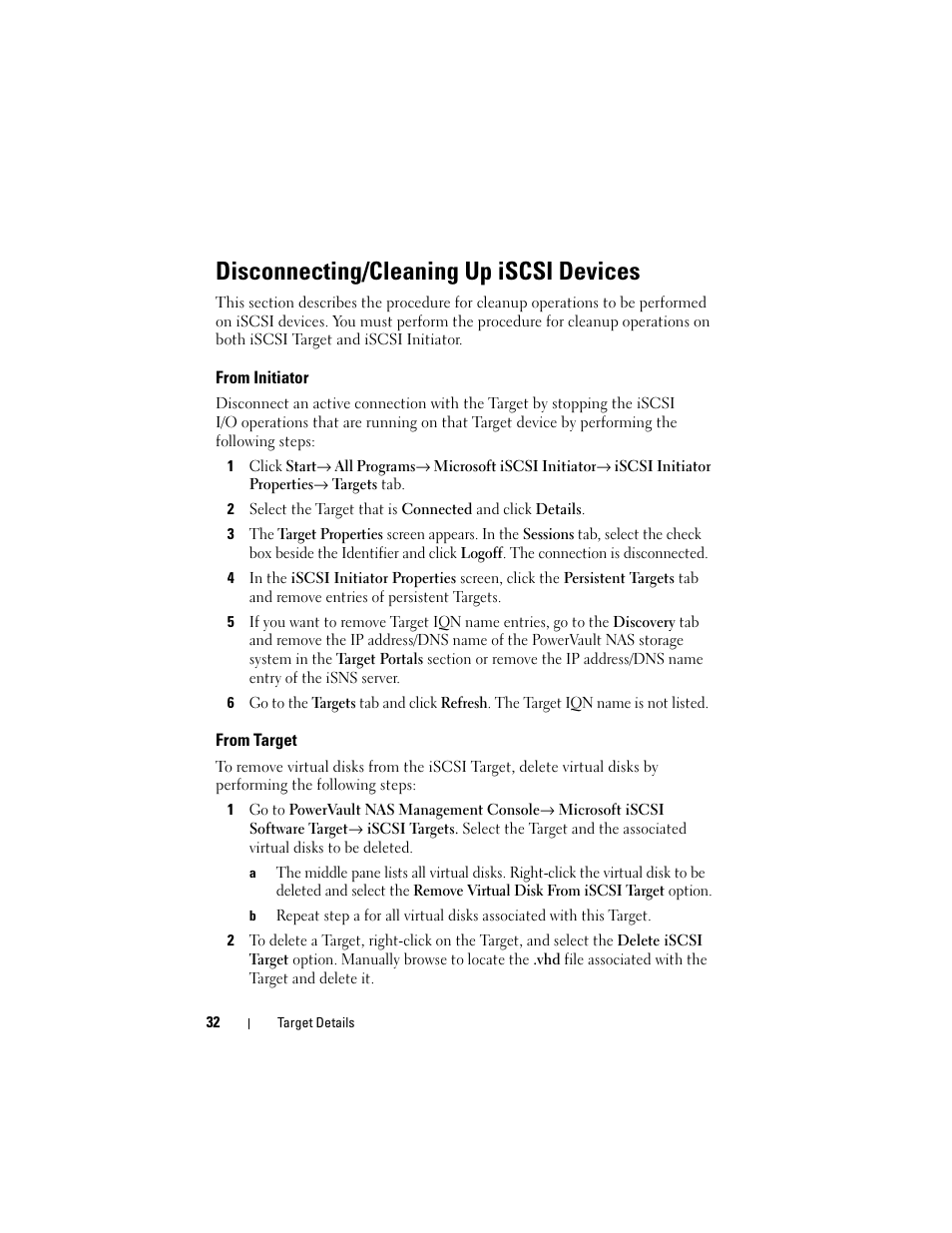 Disconnecting/cleaning up iscsi devices, From initiator, From target | Dell PowerVault 700N User Manual | Page 32 / 56