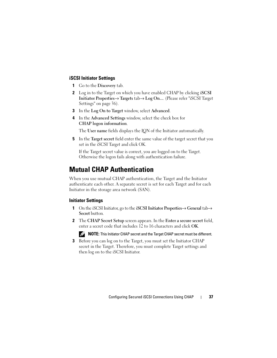 Iscsi initiator settings, Mutual chap authentication, Initiator settings | Dell PowerVault 700N User Manual | Page 37 / 56