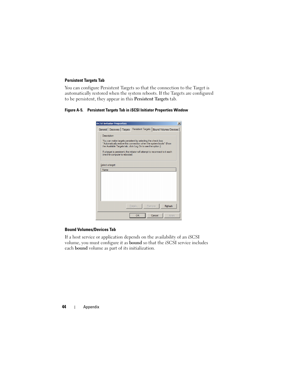 Persistent targets tab, Bound volumes/devices tab | Dell PowerVault 700N User Manual | Page 44 / 56